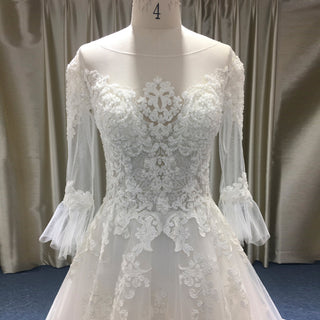 Classic Flutter Long Sleeve A-line Lace Appliqued Wedding Dress - Rosymae
