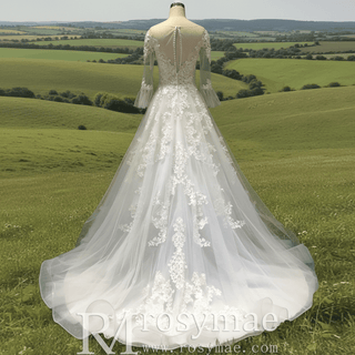 Classic Flutter Long Sleeve A-line Lace Appliqued Wedding Dress - Rosymae