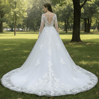Classic Lace Illusion Long Sleeve Ball Gown Wedding Dress for Elegant Bride - Rosymae