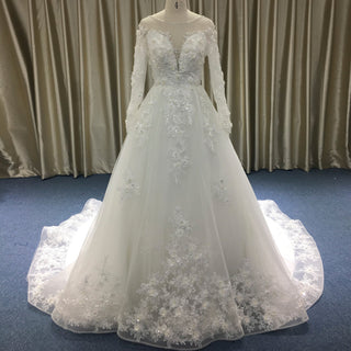 Classic Lace Illusion Long Sleeve Ball Gown Wedding Dress for Elegant Bride - Rosymae