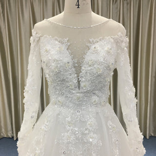 Classic Lace Illusion Long Sleeve Ball Gown Wedding Dress for Elegant Bride - Rosymae