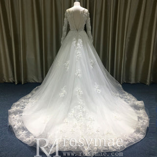 Classic Lace Illusion Long Sleeve Ball Gown Wedding Dress for Elegant Bride - Rosymae