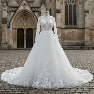 Classic Lace Illusion Long Sleeve Ball Gown Wedding Dress for Elegant Bride - Rosymae