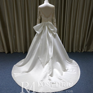 Classic Long Sleeve A-line Vintage Wedding Dress with Bowknot Back - Rosymae