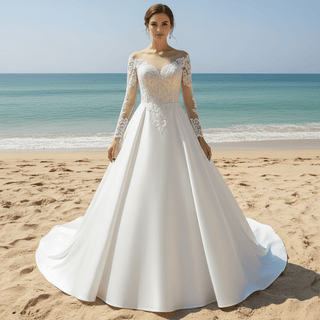 Classic Long Sleeve A-line Vintage Wedding Dress with Bowknot Back - Rosymae