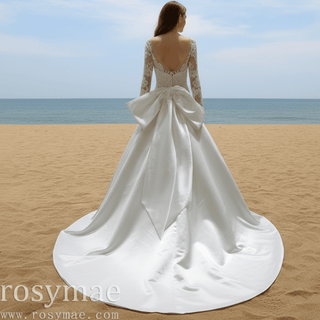 Classic Long Sleeve A-line Vintage Wedding Dress with Bowknot Back - Rosymae