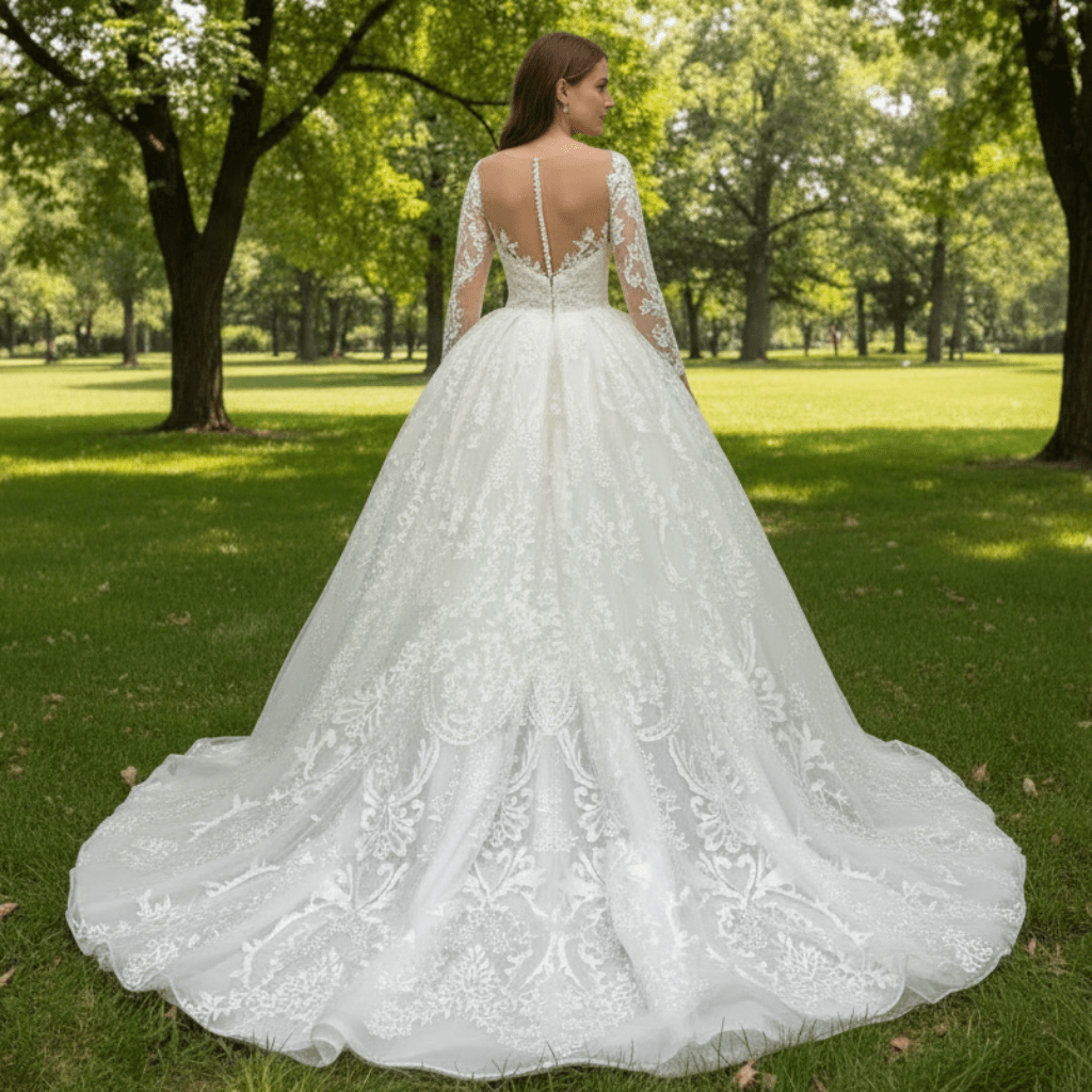 Classic Long Sleeve Ball Gown Lace Overlay Wedding Dress - Rosymae