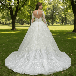 Classic Long Sleeve Ball Gown Lace Overlay Wedding Dress - Rosymae