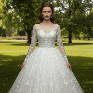 Classic Long Sleeve Ball Gown Lace Overlay Wedding Dress - Rosymae