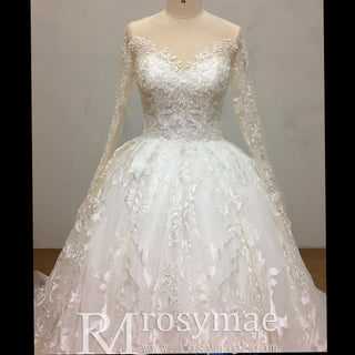 Classic Long Sleeve Ball Gown Lace Overlay Wedding Dress - Rosymae
