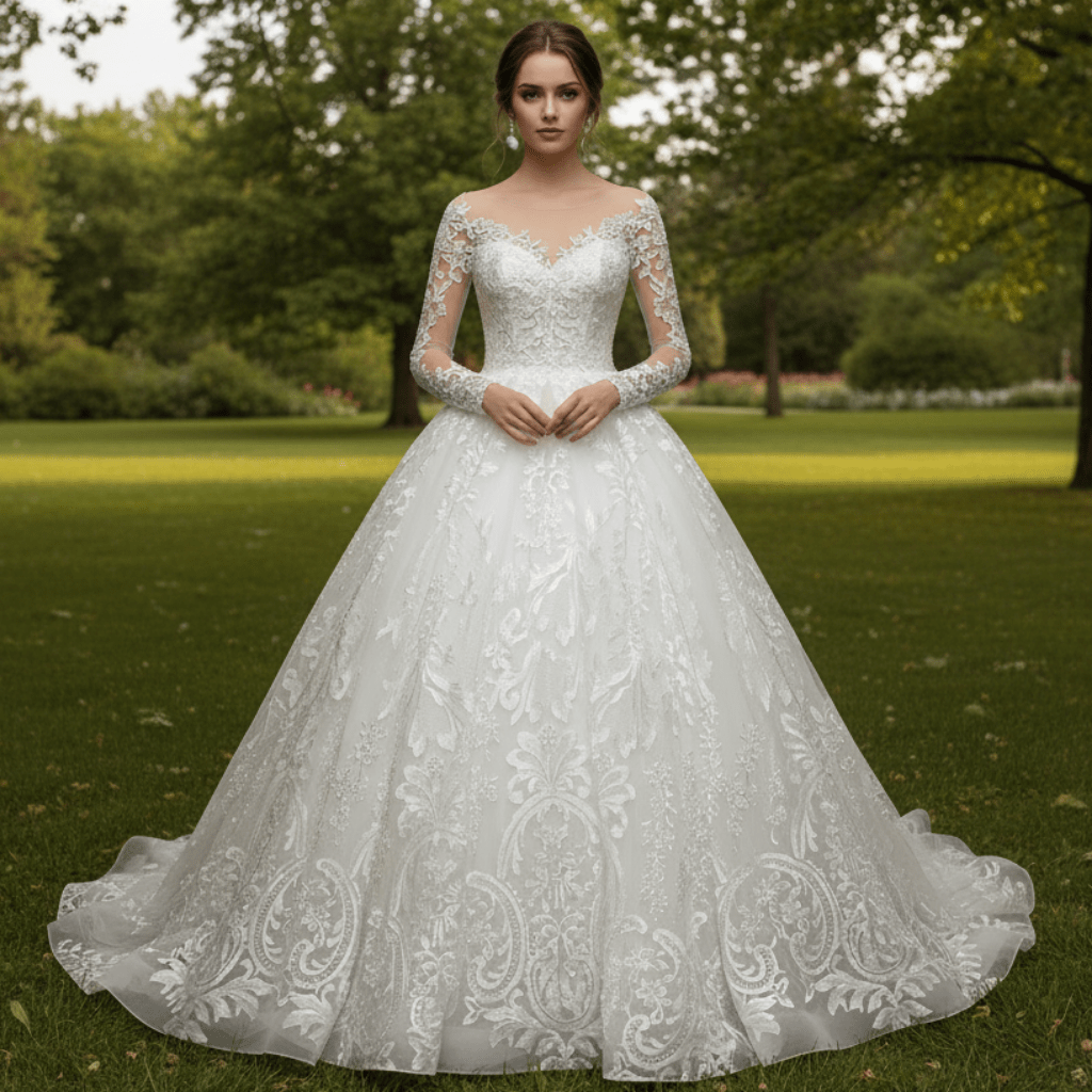 Classic Long Sleeve Ball Gown Lace Overlay Wedding Dress - Rosymae
