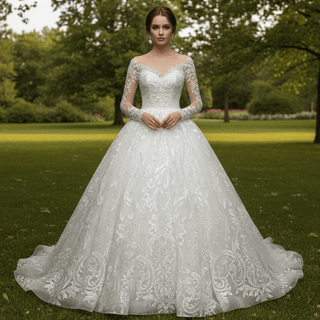 Classic Long Sleeve Ball Gown Lace Overlay Wedding Dress - Rosymae