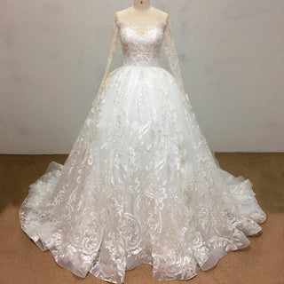 Classic Long Sleeve Ball Gown Lace Overlay Wedding Dress - Rosymae