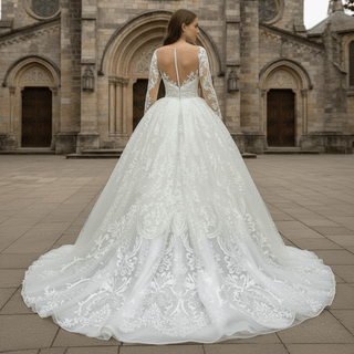 Classic Long Sleeve Ball Gown Lace Overlay Wedding Dress - Rosymae
