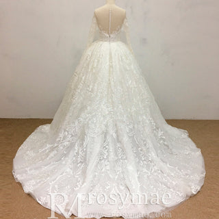 Classic Long Sleeve Ball Gown Lace Overlay Wedding Dress - Rosymae
