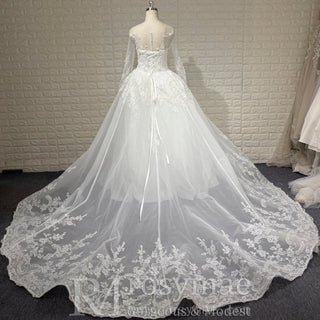 Classic Long Sleeve Ball Gown Wedding Dress with Illusion Sweetheart Bodice - Rosymae