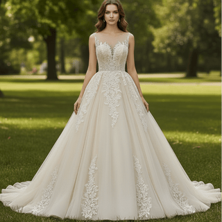 Classic Luxurious Princess-Style Ball Gown Wedding Dress with Illusion Deep V-Neck - Rosymae