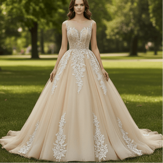 Classic Luxurious Princess-Style Ball Gown Wedding Dress with Illusion Deep V-Neck - Rosymae