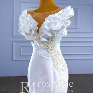 Classic Mermaid Satin Sheer Boat Neck Wedding Dress with Corset Back - Rosymae