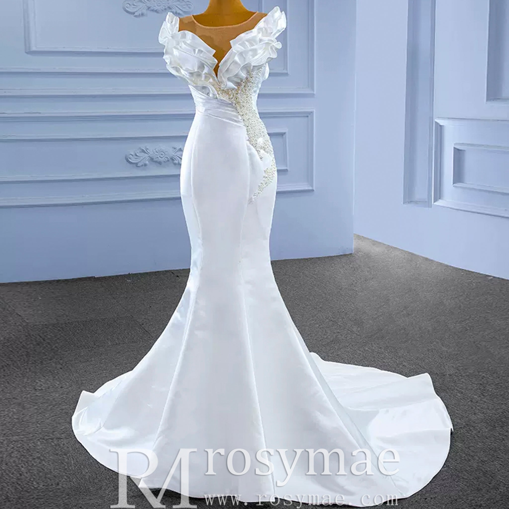 Classic Mermaid Satin Sheer Boat Neck Wedding Dress with Corset Back - Rosymae