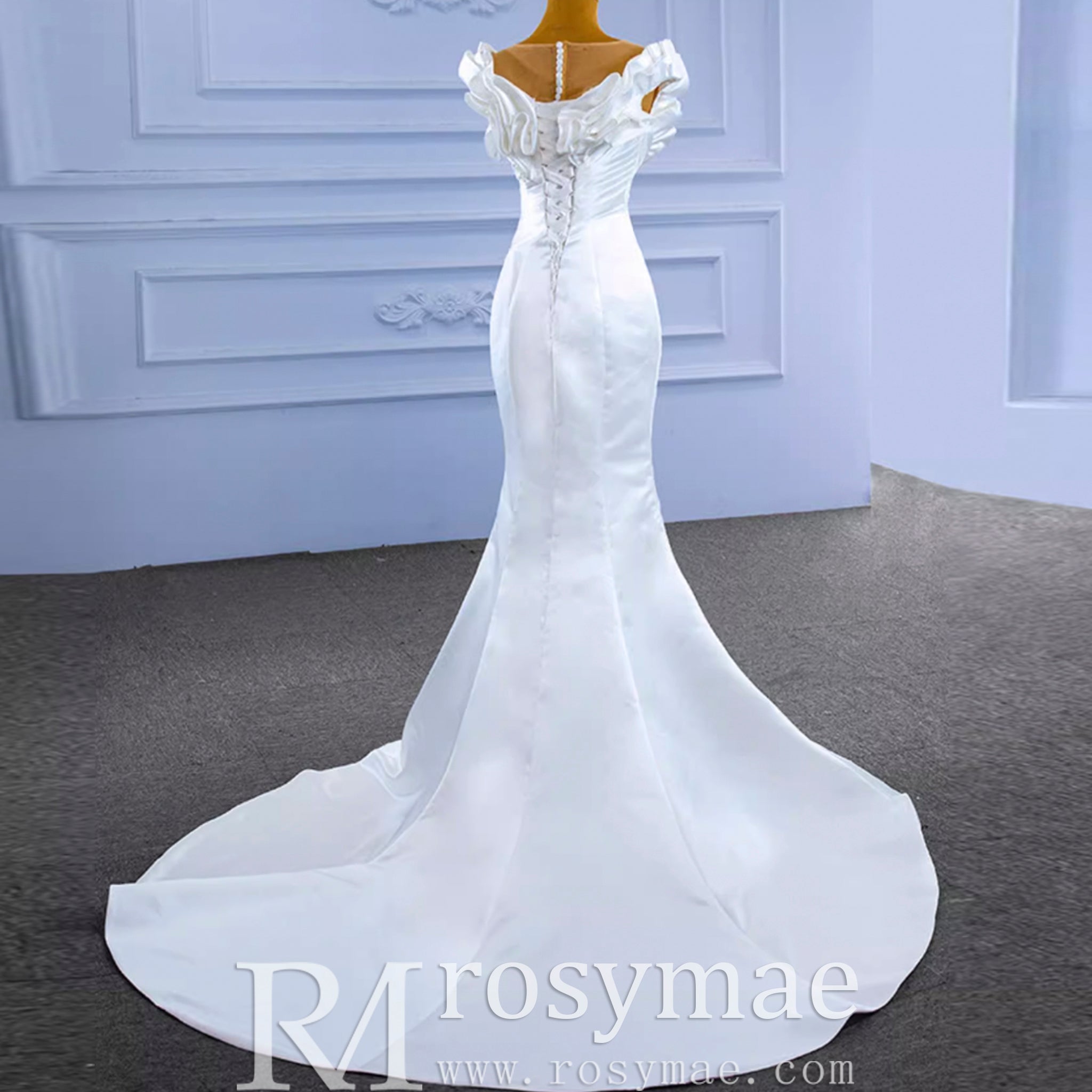 Classic Mermaid Satin Sheer Boat Neck Wedding Dress with Corset Back - Rosymae