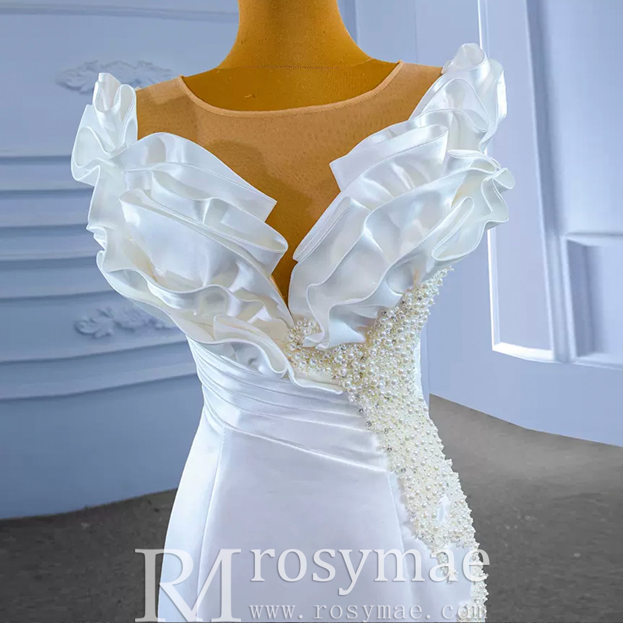 Classic Mermaid Satin Sheer Boat Neck Wedding Dress with Corset Back - Rosymae