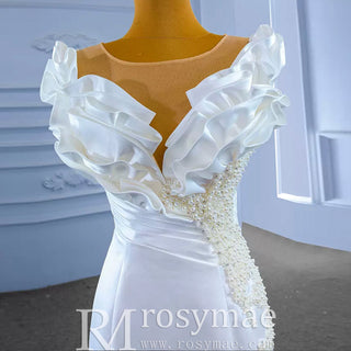 Classic Mermaid Satin Sheer Boat Neck Wedding Dress with Corset Back - Rosymae