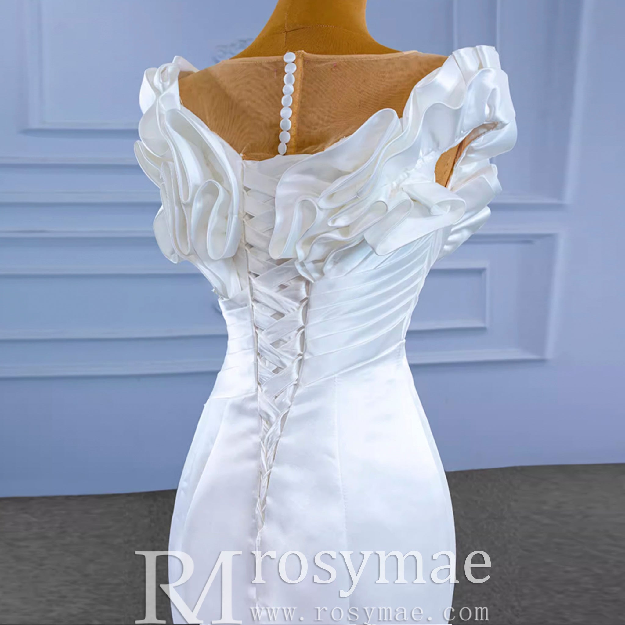 Classic Mermaid Satin Sheer Boat Neck Wedding Dress with Corset Back - Rosymae