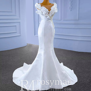Classic Mermaid Satin Sheer Boat Neck Wedding Dress with Corset Back - Rosymae