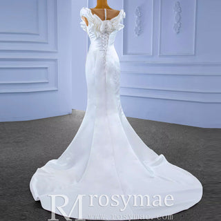 Classic Mermaid Satin Sheer Boat Neck Wedding Dress with Corset Back - Rosymae