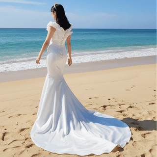 Classic Mermaid Satin Sheer Boat Neck Wedding Dress with Corset Back - Rosymae