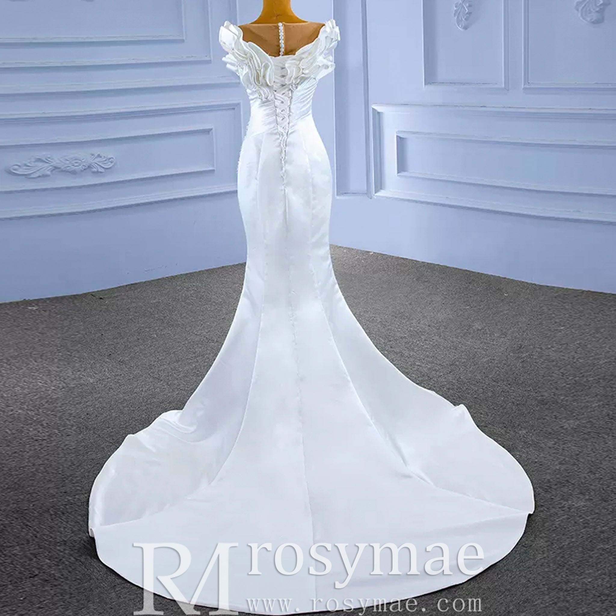 Classic Mermaid Satin Sheer Boat Neck Wedding Dress with Corset Back - Rosymae