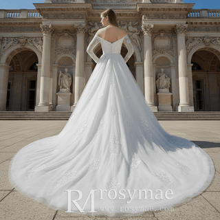 Classic Off the Shoulder Long Sleeve A-line Tulle Wedding Dresses - Rosymae