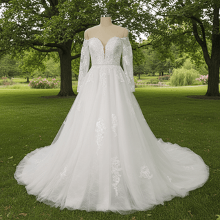 Classic Off the Shoulder Long Sleeve A-line Tulle Wedding Dresses - Rosymae
