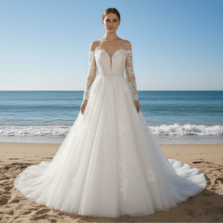 Classic Off the Shoulder Long Sleeve A-line Tulle Wedding Dresses - Rosymae