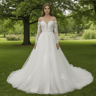 Classic Off the Shoulder Long Sleeve A-line Tulle Wedding Dresses - Rosymae