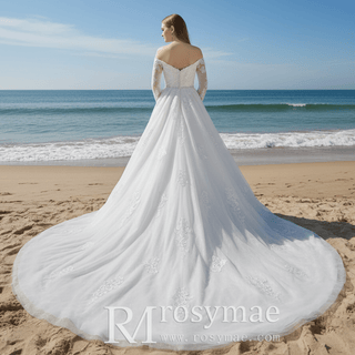 Classic Off the Shoulder Long Sleeve A-line Tulle Wedding Dresses - Rosymae