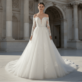 Classic Off the Shoulder Long Sleeve A-line Tulle Wedding Dresses - Rosymae