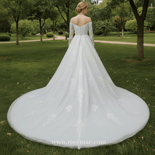 Classic Off the Shoulder Long Sleeve A-line Tulle Wedding Dresses - Rosymae