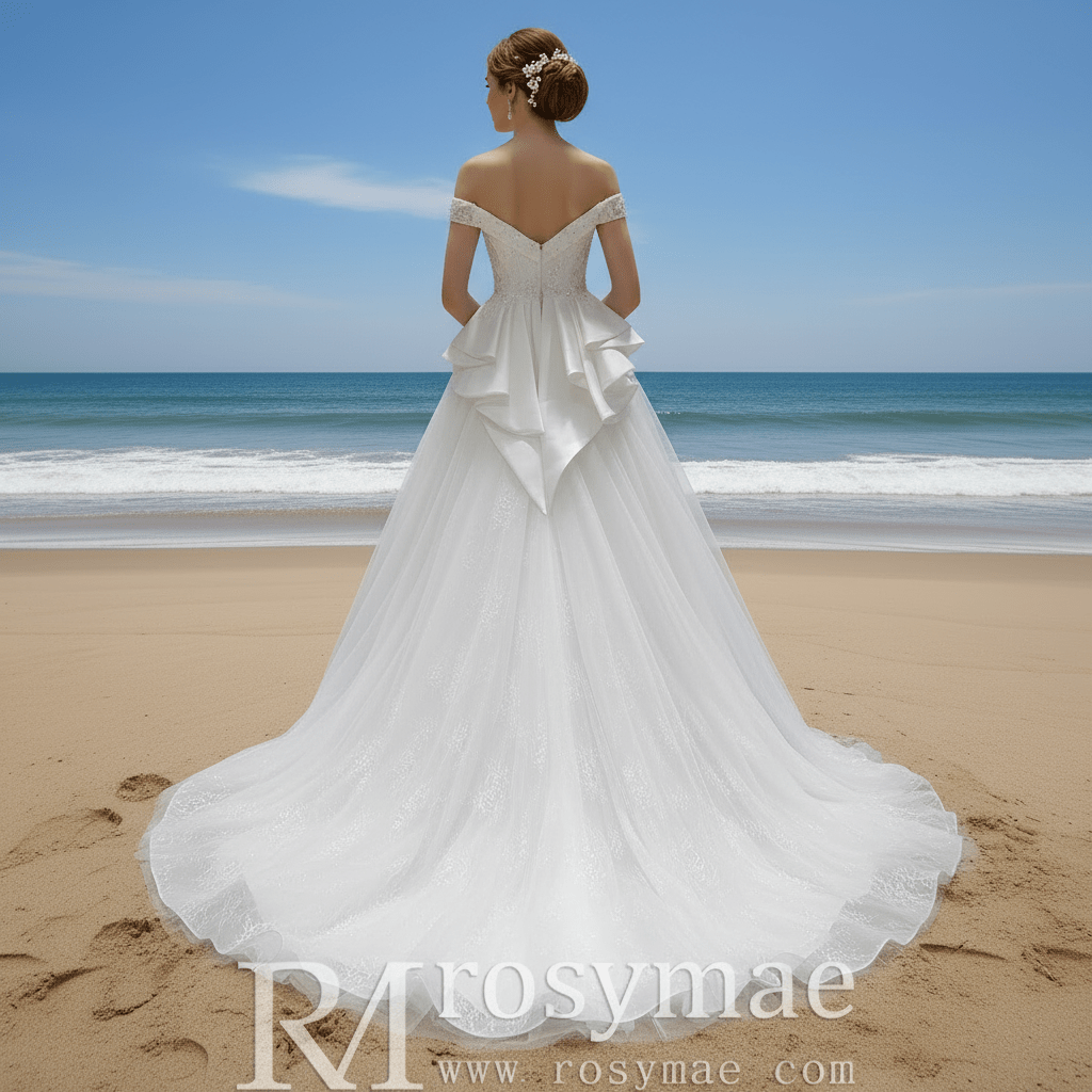 Classic Off the Shoulder Ruffle Skirt Wedding Dress with V Back - Rosymae