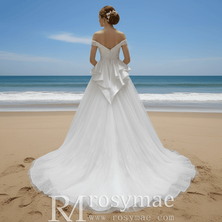 Classic Off the Shoulder Ruffle Skirt Wedding Dress with V Back - Rosymae