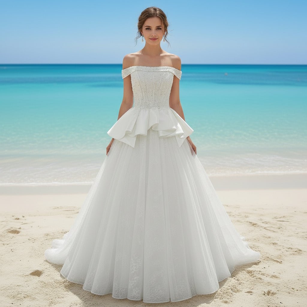 Classic Off the Shoulder Ruffle Skirt Wedding Dress with V Back - Rosymae
