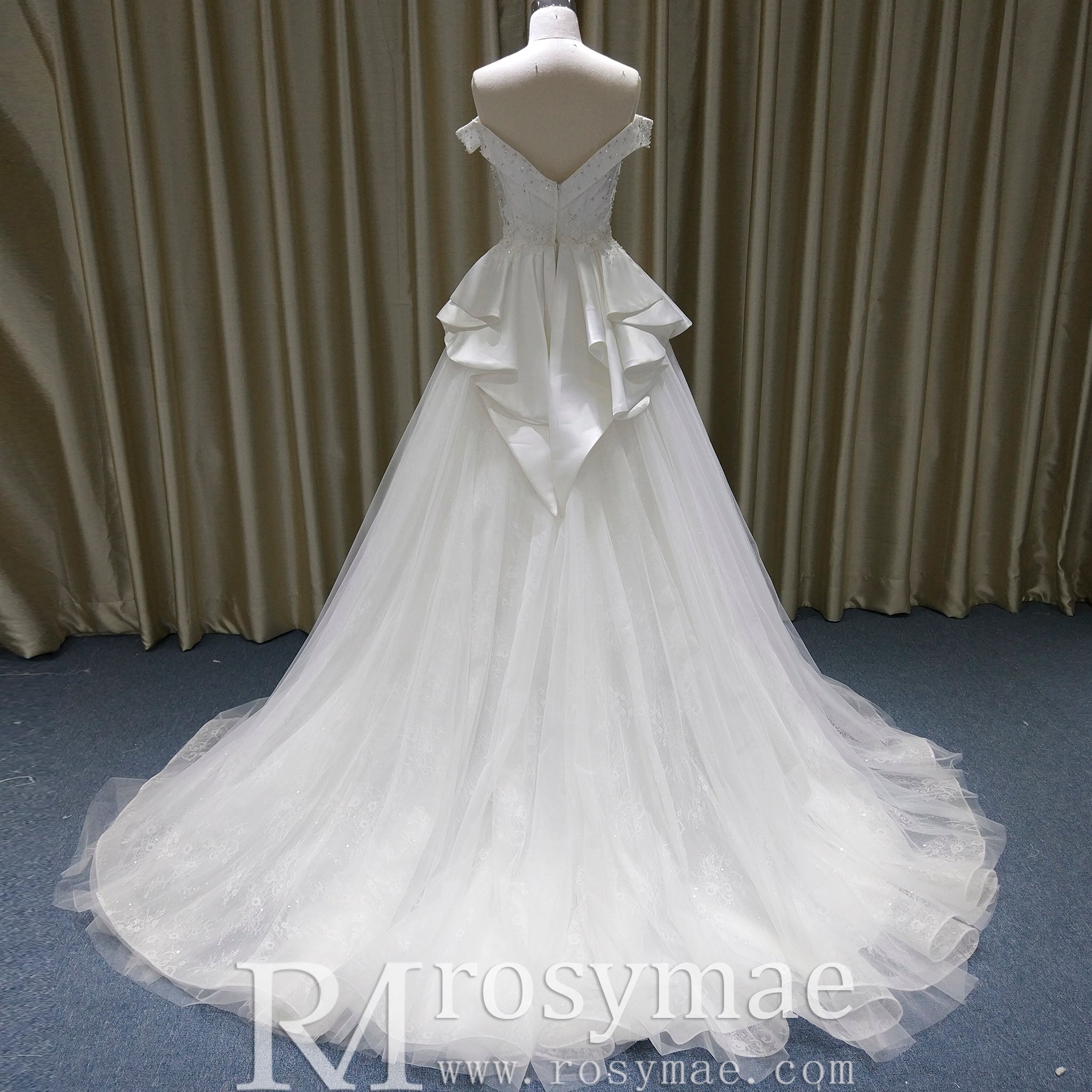 Classic Off the Shoulder Ruffle Skirt Wedding Dress with V Back - Rosymae