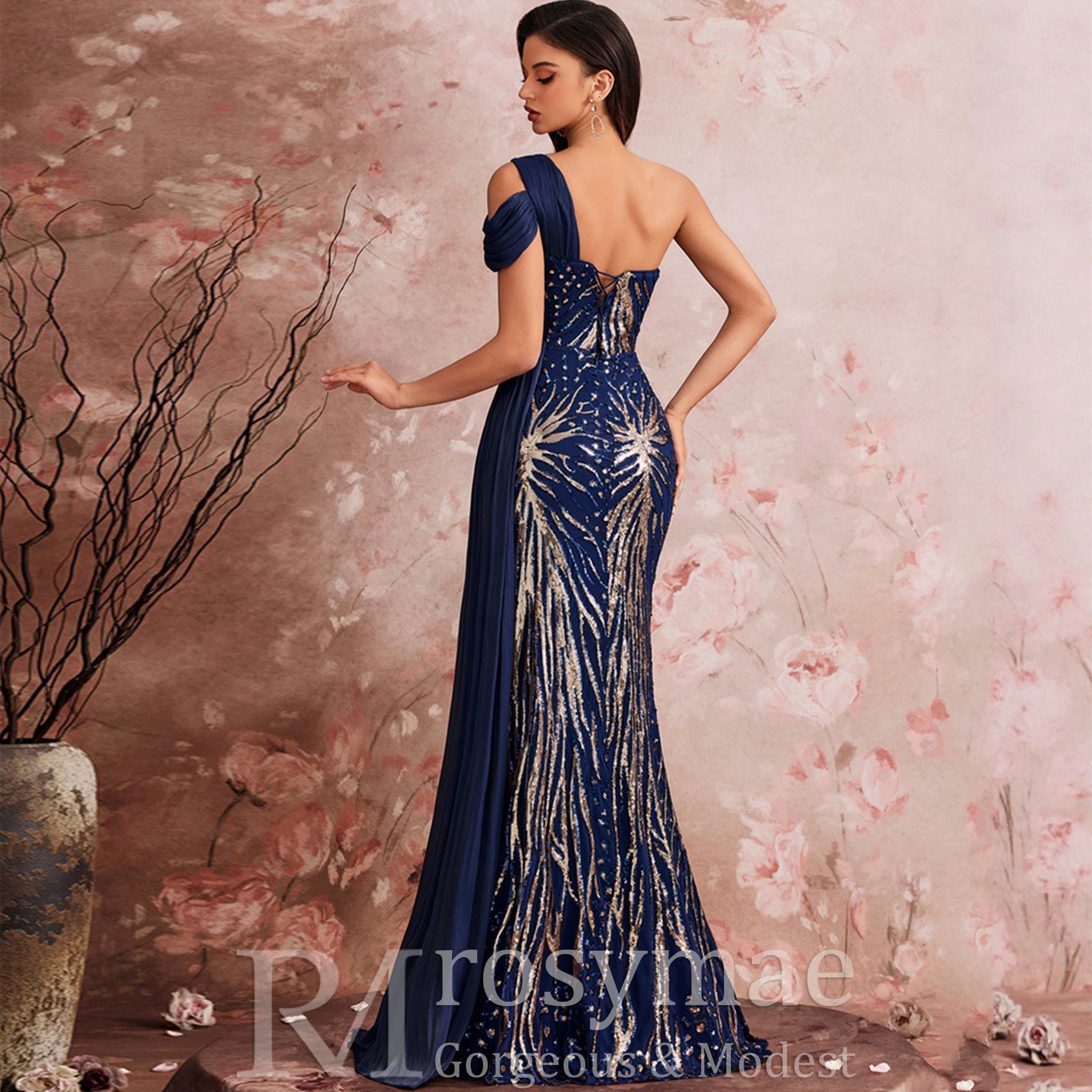 Classic One-shoulder Sequin Party Dress with Peacock Pattern design – Rosymae