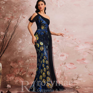 Classic One-shoulder Sequin Party Dress with Peacock Pattern design - Rosymae