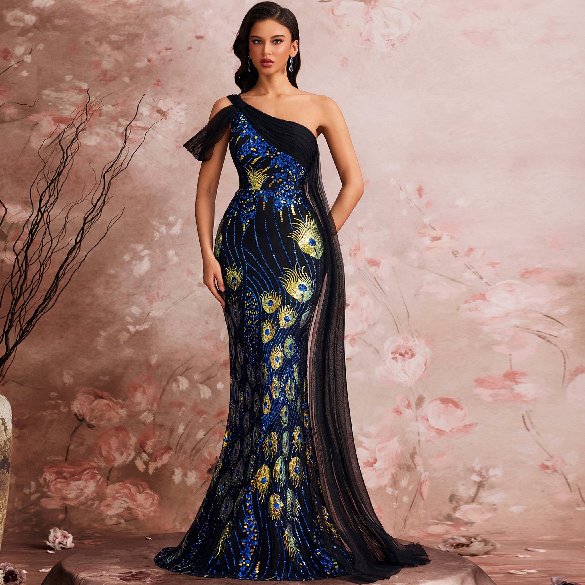Classic One-shoulder Sequin Party Dress with Peacock Pattern design