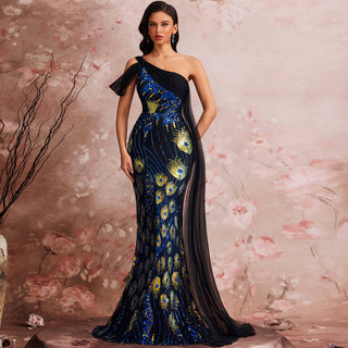 Classic One-shoulder Sequin Party Dress with Peacock Pattern design - Rosymae