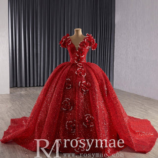 Classic Red Fairytale Princess Sparkly Quinceanera Dress with Long Bowknot - Rosymae