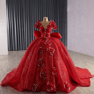 Classic Red Fairytale Princess Sparkly Quinceanera Dress with Long Bowknot - Rosymae