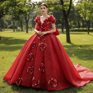 Classic Red Fairytale Princess Sparkly Quinceanera Dress with Long Bowknot - Rosymae